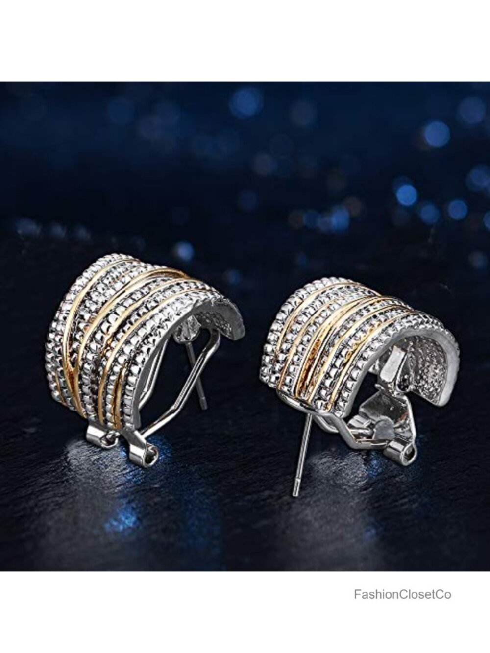 Two Tone Gold and Silver Plated Crossover Half Hoop Earrings - Picture 5 of 6